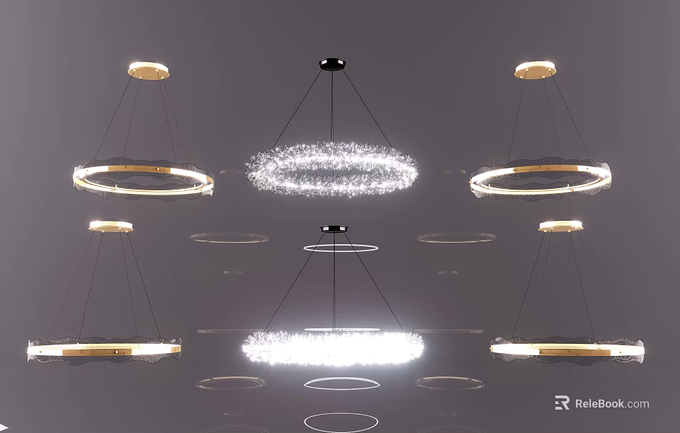 Modern Chandeliers Featuring Circular Metal Frames And Sparkling Crystal Elements 3d model 
