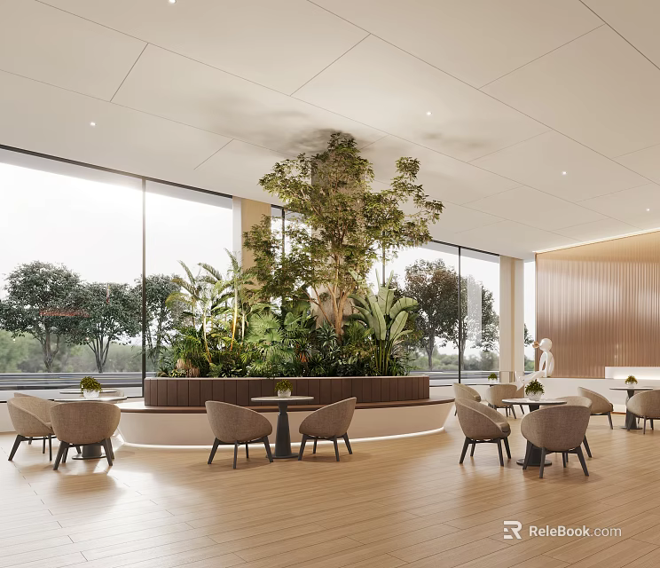 Modern Bright Lounge Area With Large Windows Central Green Plant Wooden Flooring And Comfortable Chairs 3d model 