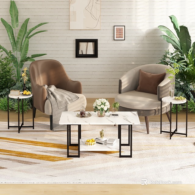Hotel Public Lounge Area With Comfortable Armchairs Marble Coffee Table Green Plants And Decorative Frames 3d model 