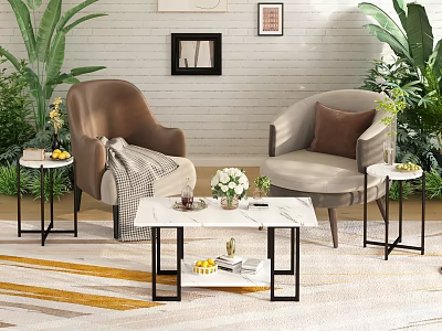 Hotel Public Lounge Area With Comfortable Armchairs Marble Coffee Table Green Plants And Decorative Frames 3d model