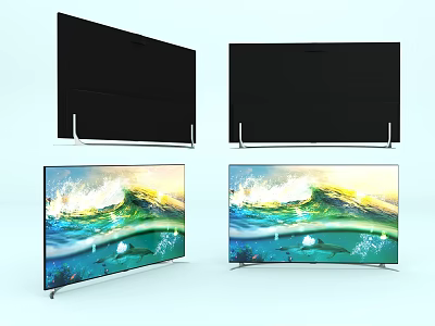Modern Televisions With Curved And Flat Screens Displaying Ocean Wave Scenes 3d model