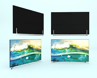 Modern Televisions With Curved And Flat Screens Displaying Ocean Wave Scenes 3d model