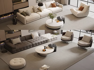 Modern Sofa And Coffee Table Set With Light Dark Fabric Accent Chairs In Living Room 3d model