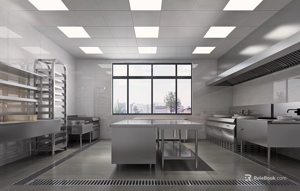 Modern Commercial Kitchen Design With Stainless Steel Worktables Windows And Ceiling Lights 3d model 