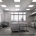 Modern Commercial Kitchen Design With Stainless Steel Worktables Windows And Ceiling Lights