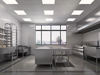 Modern Commercial Kitchen Design With Stainless Steel Worktables Windows And Ceiling Lights 3d model