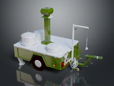 Green Mobile Functional Vehicle With White Cylindrical Containers And Tall Tower Structure 3d model