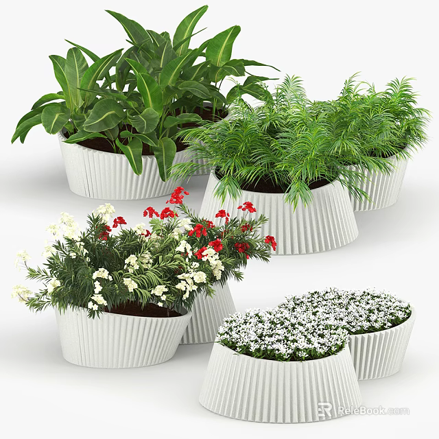 Various Potted Plants With Green Leaves And Colorful Flowers In White Ribbed Pots 3d model 