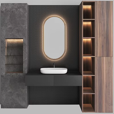 Modern Bathroom Vanity With Oval LED Mirror White Sink Black Cabinet And Textured Wall 3d model