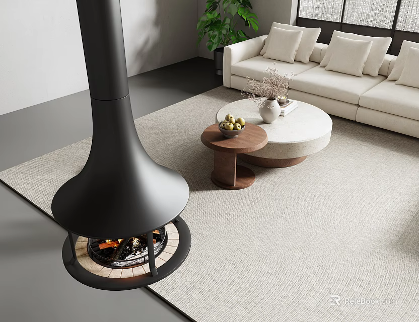 Modern Living Room Interior With Black Fireplace Sofa Coffee Table And Plants 3d model 
