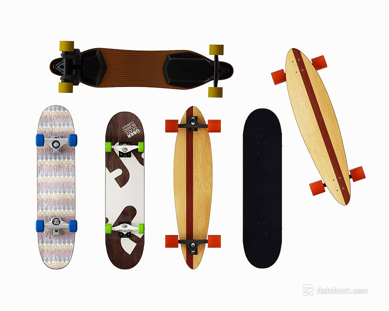 Different Types of Skateboards as Sports Equipment with Various Designs and Colors 3d model 