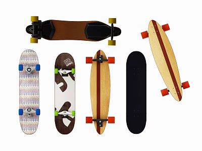 Different Types of Skateboards as Sports Equipment with Various Designs and Colors 3d model