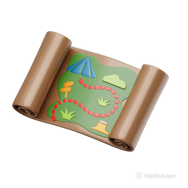 Decorative Scroll Style Ornament Set with Green Background Red Path Blue Tent and Yellow Signpost 3d model 