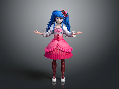 Game and Movie Character With Blue Long Hair Pink Dress Flower Accessory Open Arms Pose 3d model