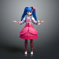 Game and Movie Character With Blue Long Hair Pink Dress Flower Accessory Open Arms Pose