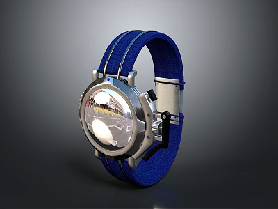 Stylish Watch With Blue Fabric Strap And Silver Reflective Dial For Daily Use 3d model