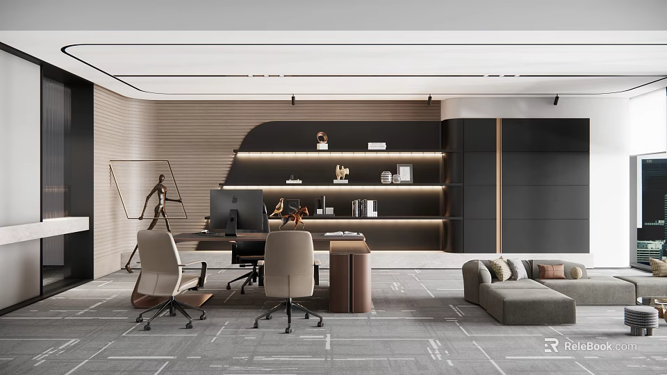 Modern Office Interior Design With Desk Chairs Shelves Lighting Gray Flooring And Lounge Sofa 3d model 
