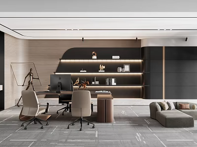 Modern Office Interior Design With Desk Chairs Shelves Lighting Gray Flooring And Lounge Sofa 3d model