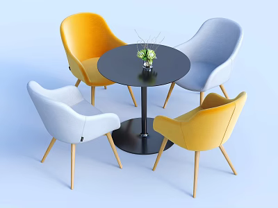 Modern Black Round Table With Yellow And Gray Chairs Wooden Legs And Potted Plant 3d model