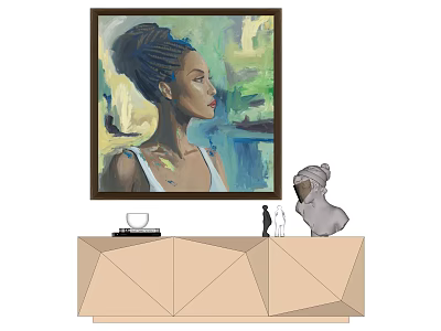 Modern Interior With Portrait Painting Geometric Cabinet And Decorative Sculpture 3d model