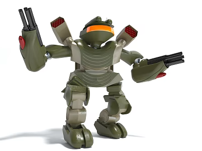 Green Mechanical Robot Action Figure With Orange Goggles And Arm Weapons 3d model