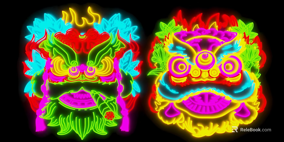 Bright Vibrant Neon Style Lion Head Decorative Lights With Colorful Patterns 3d model 