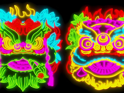 Bright Vibrant Neon Style Lion Head Decorative Lights With Colorful Patterns 3d model