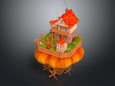 Whimsical House Building on Giant Mushroom Base with Red Roof Wooden Balcony and Green Lawn 3d model
