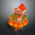 Whimsical House Building on Giant Mushroom Base with Red Roof Wooden Balcony and Green Lawn