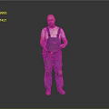 Man in Blue Overalls and White T-Shirt with Knee Pads holding Tools against Gray Background