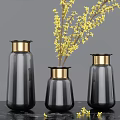 Three Blue Vases With Gold Rim And Yellow Floral Stems For Modern Tabletop Home Decor