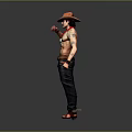 Shirtless Muscular Man In Cowboy Hat With Red Bandana Black Pants And Red Boots