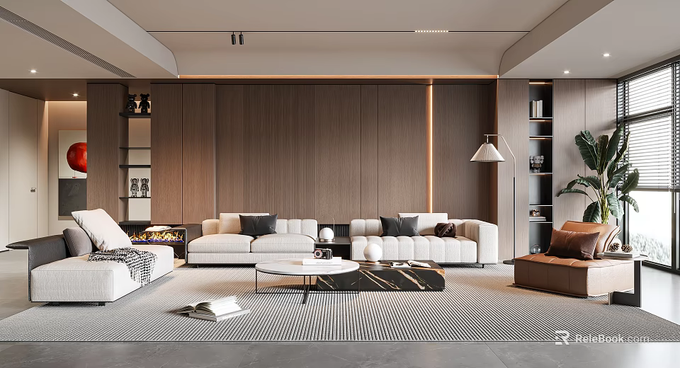 Modern Living Room Interior With White Brown Sofas Coffee Table Rug And Wooden Wall 3d model 