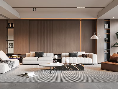 Modern Living Room Interior With White Brown Sofas Coffee Table Rug And Wooden Wall 3d model