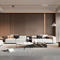 Modern Living Room Interior With White Brown Sofas Coffee Table Rug And Wooden Wall