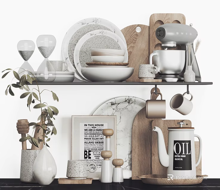 Stylish Kitchenware Collection On Shelf With Marble Plates Cutting Board Mixer And Plant 3d model 
