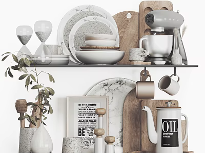 Stylish Kitchenware Collection On Shelf With Marble Plates Cutting Board Mixer And Plant 3d model