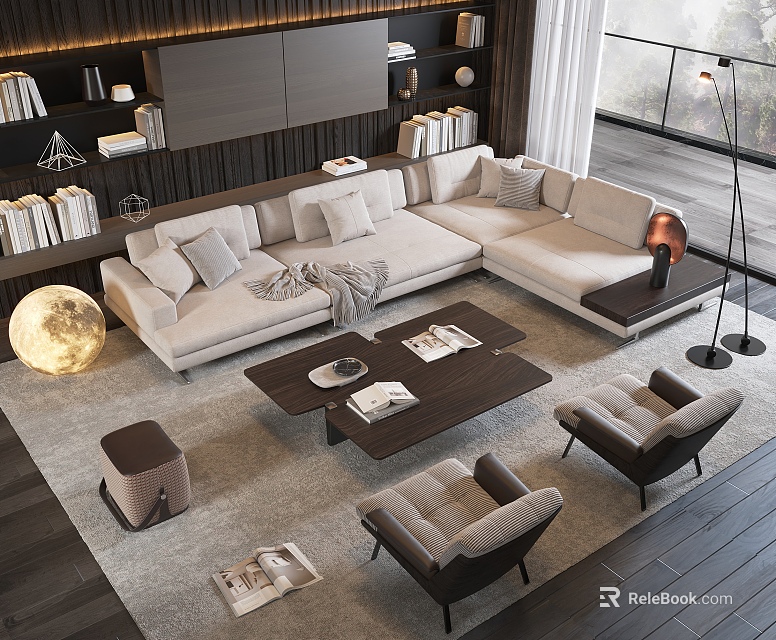 Modern Living Room Sofa Coffee Table Set with Throw Pillows Books Floor Lamp and Armchairs 3d model 