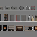 Collection of Various Vintage Radios Speakers and Horn Speakers Displayed on Three Shelves
