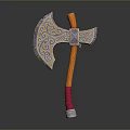 Decorative Ancient Axe with Intricate Ornate Patterns Orange Wooden Handle Red Grip 3D Rendering