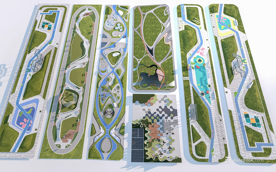 Park Landscape Design Plans Featuring Winding Paths Green Areas Water Bodies and Various Layouts 3d model 