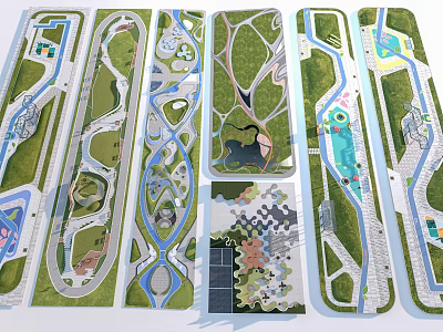 Park Landscape Design Plans Featuring Winding Paths Green Areas Water Bodies and Various Layouts 3d model