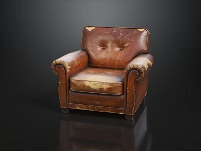 Vintage Brown Leather Single Sofa With Distressed Texture And Curved Armrests 3d model