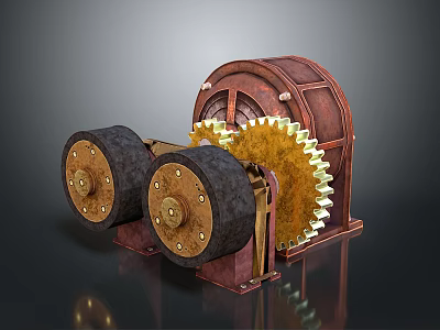 Vintage Mechanical Gear Mechanism With Brown Black Metal Wheels And Gold Cogs 3d model