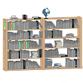 Wooden Bookshelf Filled with Stacked Books Globe and Mug on Top Shelf
