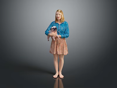 Woman in Blue Blouse and Floral Skirt Holding Small Dog Barefoot on Gray Background 3d model