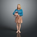 Woman in Blue Blouse and Floral Skirt Holding Small Dog Barefoot on Gray Background