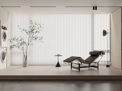 Modern Striped Vertical Curtain Design For Interior With Plant Chaise Lounge And Floor Lamp 3d model