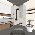Modern Bathroom With White Design Wooden Vanity Glass Shower Enclosure Window Blinds Shelves And Plant