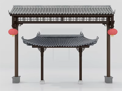 Chinese Architectural Components With Classic Tiled Roof Wooden Columns Carved Decorations And Red Lanterns 3d model
